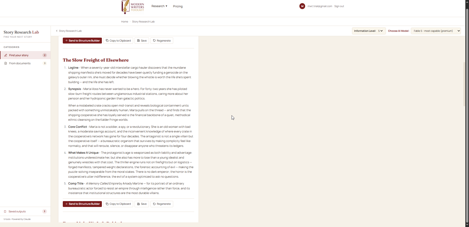 Story Research Lab generating a story premise