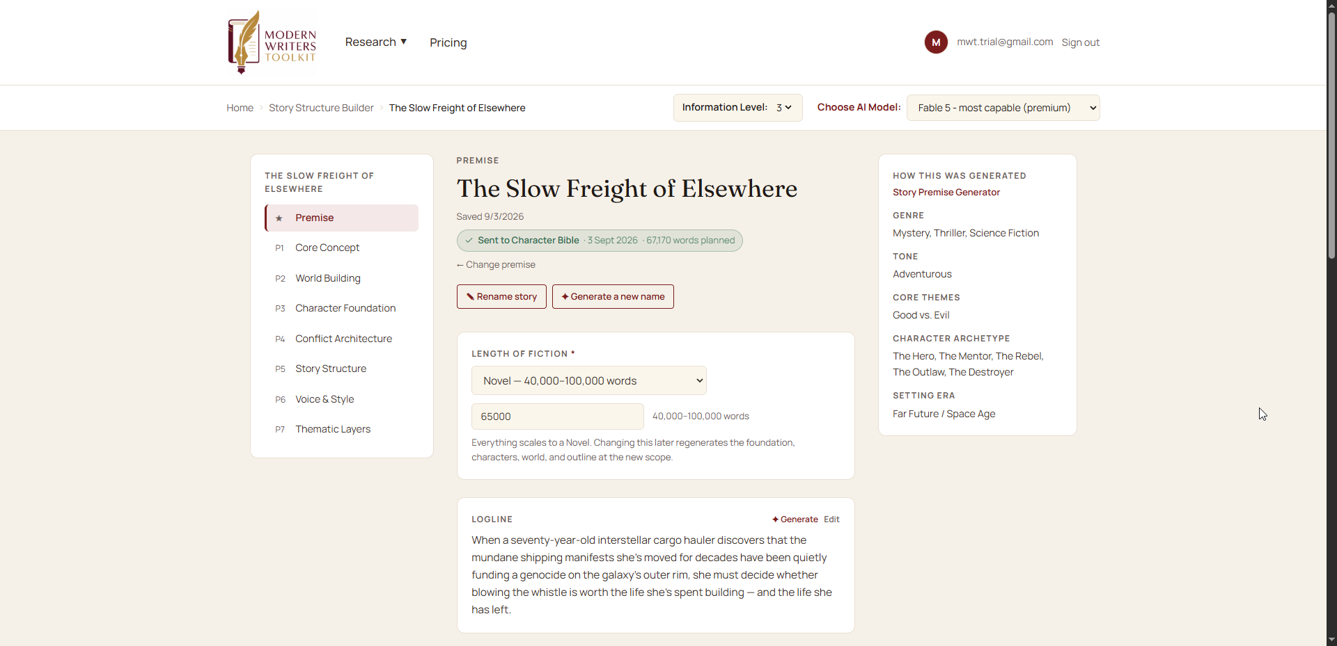 Story Structure Builder premise screen with logline, genre, and tone