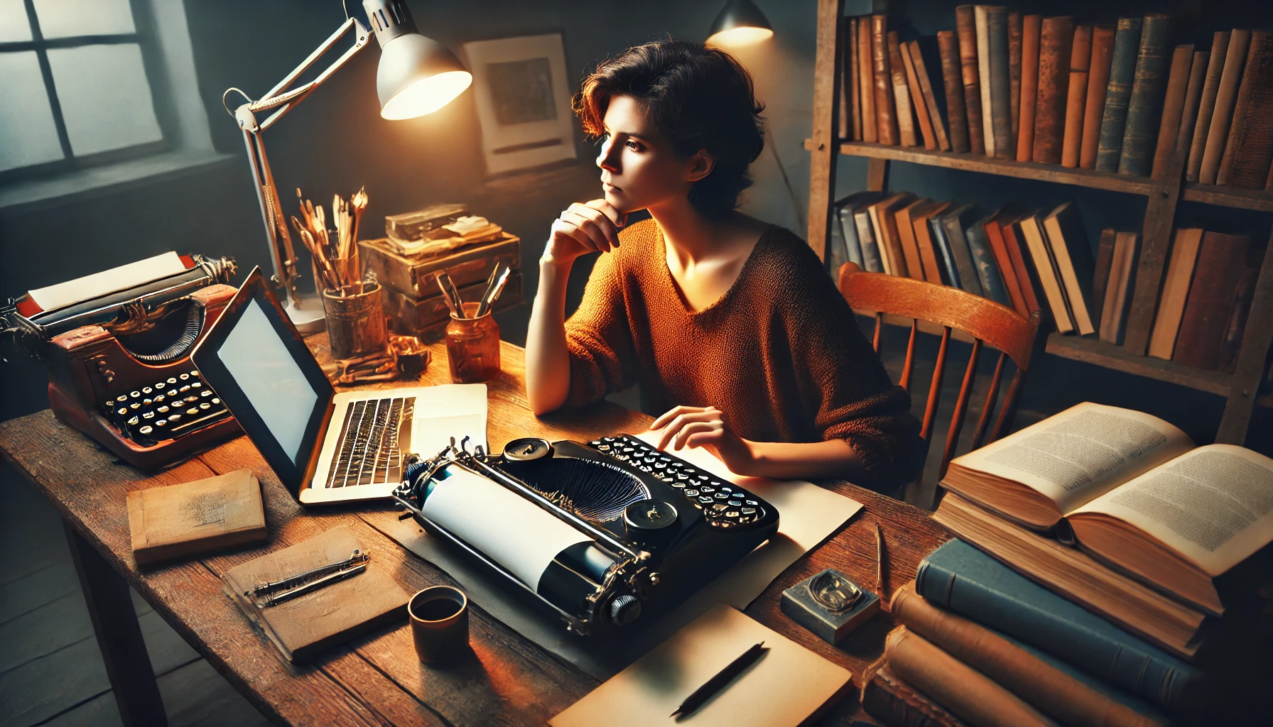 A writer at her desk with typewriter, laptop, and books