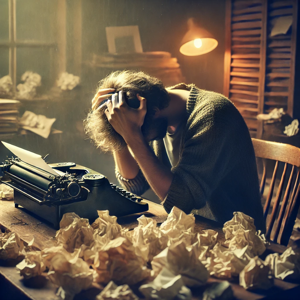 A writer overwhelmed at a typewriter surrounded by crumpled pages